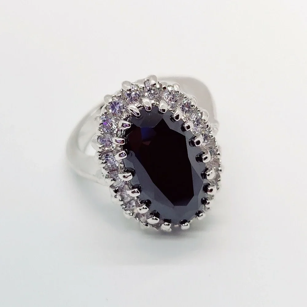 Oval Cut Black Gem CZ Halo Silver Tone Size 9 Statement Womens Cocktail‎ Ring